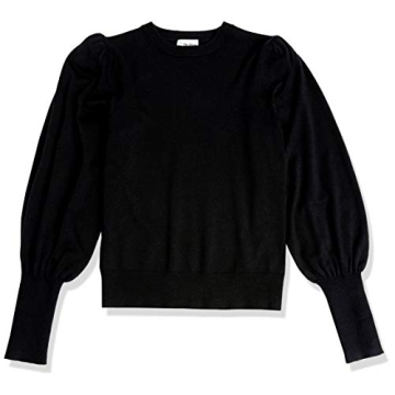 The Drop Women's Vivienne Pleated Shoulder Balloon-Sleeve Crewneck Sweater, Black, S