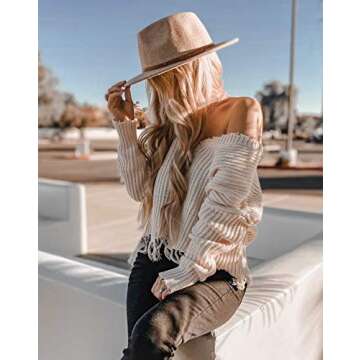 Lanzom Women Lady Classic Wool Fedora Hat Belt Buckle Wide Brim Panama Hat (Style A-Beige, One Size)