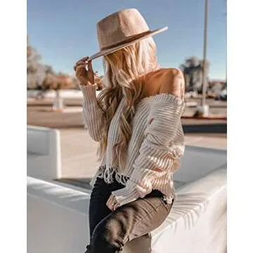 Lanzom Women Lady Classic Wool Fedora Hat Belt Buckle Wide Brim Panama Hat (Style A-Beige, One Size)