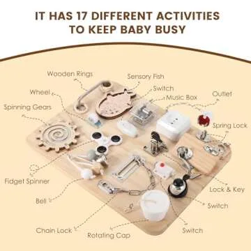 Pithfor Wooden Montessori Busy Board for 1 2 3 4 Year Old, Montessori Sensory Activity Board Toys fo...
