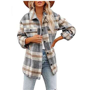 Womens Casual Flannel Wool Blend Plaid Lapel Button Down Long Sleeve Shacket Jacket Coat Winter Loos...