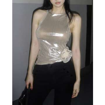 FAIMILORY Metallic Sleeveless Cute Basic Sparkly Glitter Party Going Out Summer Asymmetrical Racerback Ruched Crop Tank Tops Women 2025 Trendy (S, Champagne)