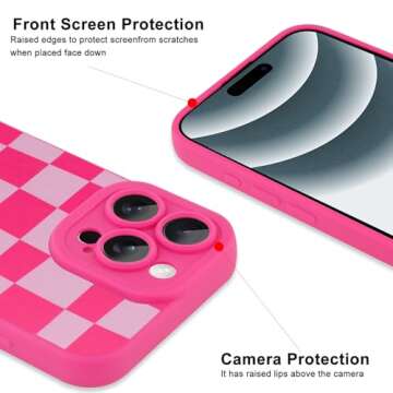 ZIYE for iPhone 16 Pro Max Case Hot Pink Grids Plaid Checkerboard Pattern Phone Case with Camera Protection,Soft TPU Silicone Rubber Protective Cover Grid Checkered Chess Design Cases