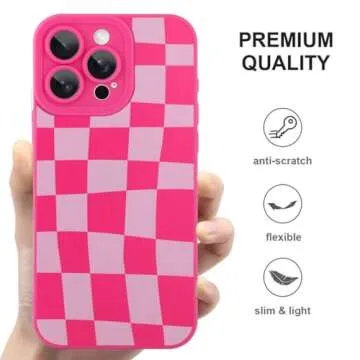 ZIYE for iPhone 16 Pro Max Case Hot Pink Grids Plaid Checkerboard Pattern Phone Case with Camera Protection,Soft TPU Silicone Rubber Protective Cover Grid Checkered Chess Design Cases
