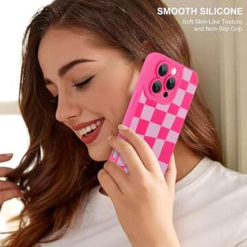 ZIYE for iPhone 16 Pro Max Case Hot Pink Grids Plaid Checkerboard Pattern Phone Case with Camera Protection,Soft TPU Silicone Rubber Protective Cover Grid Checkered Chess Design Cases