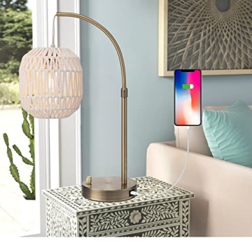 Sainsbarry Tall Industrial Gold Rattan Table Bedside Lamp with USB Charge Port, Boho Woven Nightstan...
