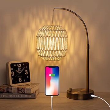 Stylish Rattan Table Lamp with USB Port for Boho Decor