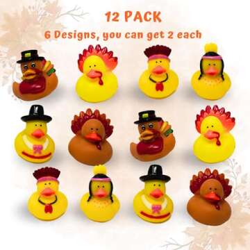 4E's Novelty Thanksgiving Rubber Duckies (12 Pack) Thanksgiving Themed Rubber Ducks Bulk Turkey & Pilgrim Ducks, Thanksgiving Party Favors Supplies for Kids Adults, Table Centerpiece, Bath Toys