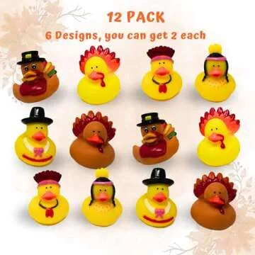 4E's Novelty Thanksgiving Rubber Duckies (12 Pack) Thanksgiving Themed Rubber Ducks Bulk Turkey & Pilgrim Ducks, Thanksgiving Party Favors Supplies for Kids Adults, Table Centerpiece, Bath Toys