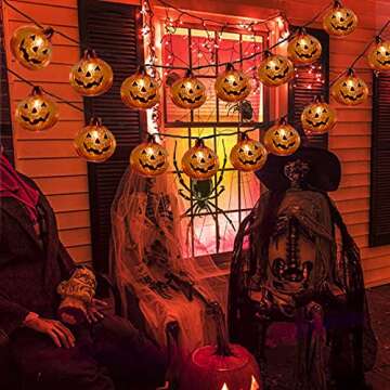 SUNSGNE Pumpkin String Lights, 8.5ft Halloween String Lights with 10 Smiling Jack-O-Lantern Pumpkin Lights, Halloween Hanging Decorative String Lights for Indoor Outdoor Halloween Party Decorations