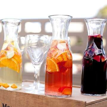 Kingrol 4 Pack Glass Pitchers, 34 Ounces/1 Liter Narrow Neck Glass Carafes for Water, Juicing, Iced Tea, Beverage, Wine, Mimosa Bar Supplies