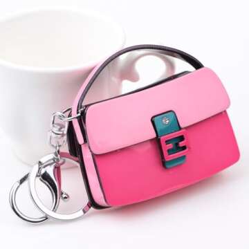TIZURO Acrylic Color Matching Handbag Keychains Classic Baguette Purse Keyrings Novelty Jewelry For Women Car Accessories (Pink)