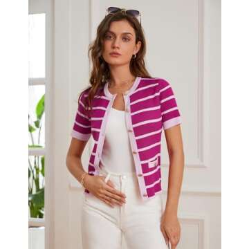 Striped Short Sleeve Sweater for Women Lightweight Ribbed Knit Button up Cardigan Sweater Crewneck Fitted Casual Top Rose S