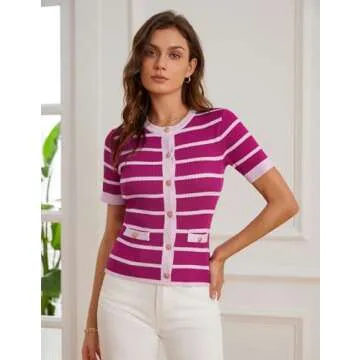 Striped Short Sleeve Sweater for Women Lightweight Ribbed Knit Button up Cardigan Sweater Crewneck Fitted Casual Top Rose S