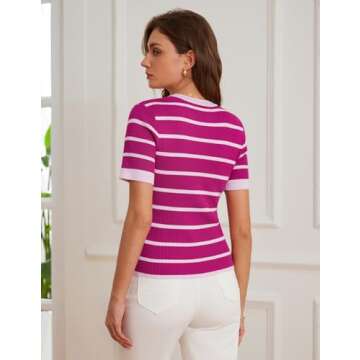 Striped Short Sleeve Sweater for Women Lightweight Ribbed Knit Button up Cardigan Sweater Crewneck Fitted Casual Top Rose S