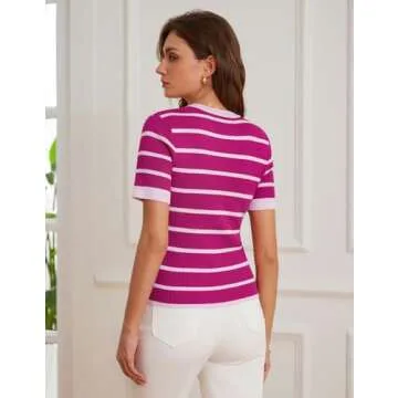 Striped Short Sleeve Sweater for Women Lightweight Ribbed Knit Button up Cardigan Sweater Crewneck Fitted Casual Top Rose S
