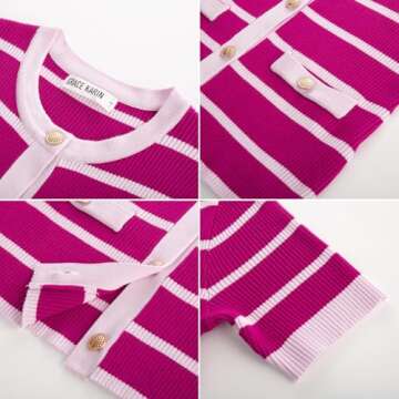 Striped Short Sleeve Sweater for Women Lightweight Ribbed Knit Button up Cardigan Sweater Crewneck Fitted Casual Top Rose S