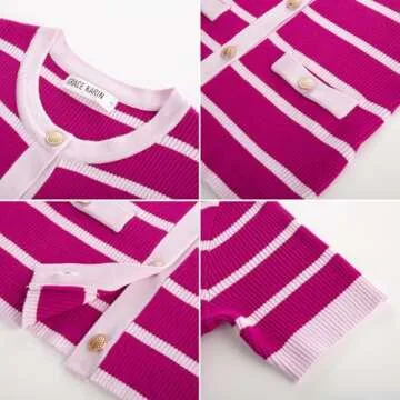 Striped Short Sleeve Sweater for Women Lightweight Ribbed Knit Button up Cardigan Sweater Crewneck Fitted Casual Top Rose S