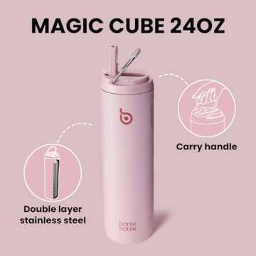 BOTTLE BOTTLE Insulated Water Bottle 24oz with Straw Lid and Handle for Sports Travel Gym Stainless Steel Water Bottles Double-Wall Vacuum Metal Thermos Leak Proof BPA-Free (Light Pink)