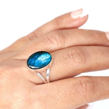 JEWELOPORIUM Gray Labradorite Silver Ring Size 9, 925 Sterling Silver Ring for Women, Real Chunky Ov...