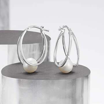 Ross-Simons Pearl Double Hoop Earrings in Sterling Silver
