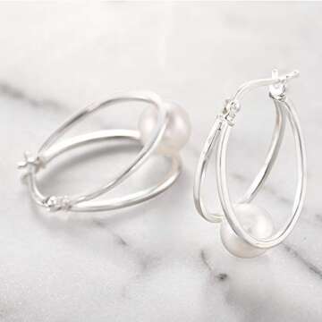Ross-Simons Pearl Double Hoop Earrings in Sterling Silver