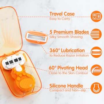 DreamGenius Travel Razors for Women Include 1 Handle and 5 Cartridges, Extra Smooth 5-Blade Travel Essentials Razor with Case for Shaving, Orange