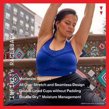 Champion, Infinity Racerback, Moderate Support, Seamless Sports Bra for Women, Flight Blue, Large