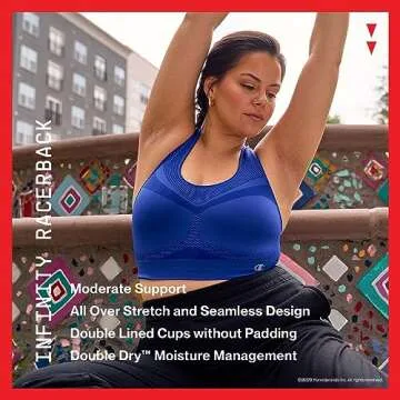 Champion, Infinity Racerback, Moderate Support, Seamless Sports Bra for Women, Flight Blue, Large