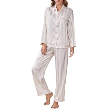 FOMOYUU Womens Satin Silk Pajama Set Valentine's Day Heart Print Long Sleeve Shirt and Long Sleepwea...