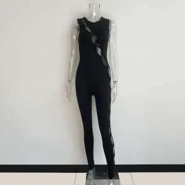 XLLAIS Sexy Buckle Jumpsuit For Women Sleeveless Cut Out One Piece Bodycon Party Club Rompers (Black X-Large)