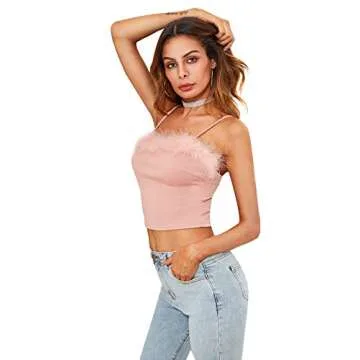 DIDK Women's Faux Fur Deco Spaghetti Strap Crop Cami Top Pink XS