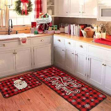 Putware Christmas Kitchen Rugs and Mats Set of 2, Christmas Decorations for Home Non Slip Backing Winter Holiday Kitchen Rug Seasonal Low-Profile Kitchen Floor Mat Xmas Decor 17"X47"+17"X30"