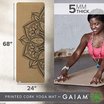 Gaiam Cork Yoga Mat | Natural, sustainable cork print design stops odors | Non-toxic TPE Rubber Backing | Great for Hot Yoga and Pilates (68" x 24" x 5mm thick)