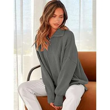 ANRABESS Women's Oversized Fashion Long Sleeve Quarter Zip Baggy Loose Slouchy Sweater Pullover Tops 2024 Fall Outfits Dark Gray Small