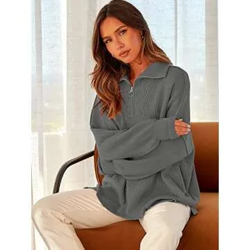 ANRABESS Women's Oversized Fashion Long Sleeve Quarter Zip Baggy Loose Slouchy Sweater Pullover Tops 2024 Fall Outfits Dark Gray Small