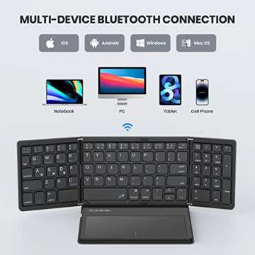 GEODMAER Foldable Bluetooth Keyboard, Portable Full Size Folding Keyboard with Touchpad, PU Leather, Wireless Travel Keyboard for Windows, iOS, Android, Mac