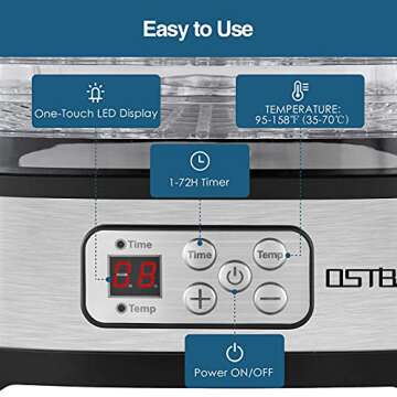 OSTBA Food Dehydrator Machine Adjustable Temperature & 72H Timer, 5-Tray Dehydrators for Food and Je...