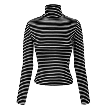 MixMatchy Women's Casual Turtleneck Long Sleeve Striped Crop Shirt