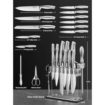 Knife Set, Aiheal 14PCS Kitchen Knife Set with Acrylic Knife Stand, No Rust and Super Sharp Knife Set Stainless Steel in One-Piece Design with Knife Sharpener for Kitchen, Include Steak Knives