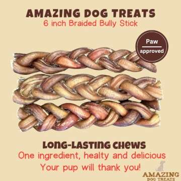 Amazing Dog Treats 6" Braided Bully Stick (5 Pcs/Pack) Bully Stick for Dogs - Made from Premium Grass Fed Beef