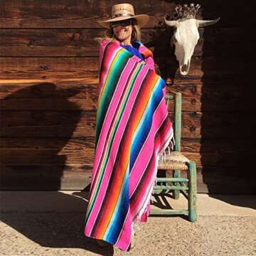 OurWarm 59 x 84 Inch Mexican Blanket Striped Tablecloth for Mexican Party Decorations, Large Square Cotton Mexican Serape Blanket Outdoor Table Cover Table Cloth