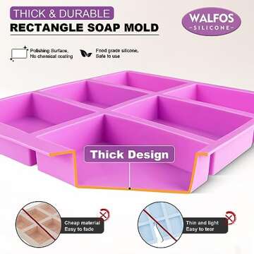 Walfos Silicone Soap Molds Set of 3, 6 Cavities Rectangle Silicone Soap Molds for Homemade Craft Soa...
