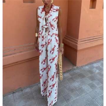 SOOKABEILA Women Y2k 2 Piece Tie Front Pajamas Set Sleeveless V Neck Lobster Print Tank Top Lace Up Pants Lounge Sets (White,M)