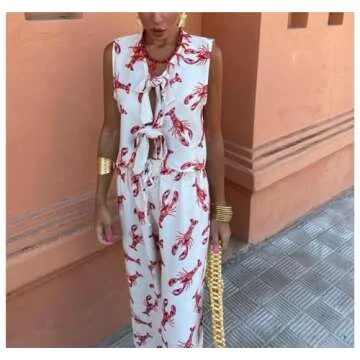 SOOKABEILA Women Y2k 2 Piece Tie Front Pajamas Set Sleeveless V Neck Lobster Print Tank Top Lace Up Pants Lounge Sets (White,M)