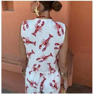 SOOKABEILA Women Y2k 2 Piece Tie Front Pajamas Set Sleeveless V Neck Lobster Print Tank Top Lace Up Pants Lounge Sets (White,M)