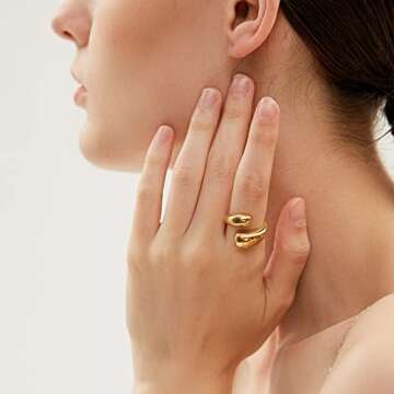 YADUDA Minimalist Teardrop Chunky Rings for Women High Polish Tarnish Resistant Open Rings Gold Rings for Women 14K Gold Plated Wide Thick Bold Statement Ring for Women, Size 8
