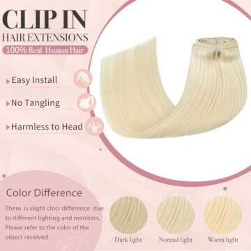 HUAYI Platinum Blonde Hair Extensions, Human Hair Clip in Extensions 70g 18 Inch 7pcs Blonde 100% Re...