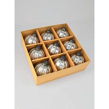 Serene Spaces Living Set of 9 Beaded Texture Polished Silver Glass Ornament Ball, Glass Home Decor Accents, Silver Ornament Balls for Christmas, Wedding, Events, Measures 3" Diameter & 3" Tall