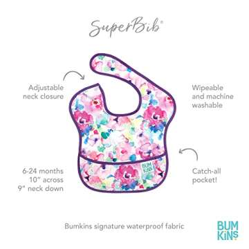 Bumkins Bibs for Girl or Boy, SuperBib Baby and Toddler for 6-24 Mos, Essential Must Have for Eating, Feeding, Baby Led Weaning Supplies, Mess Saving Catch Food, Waterproof Soft Fabric, Watercolors